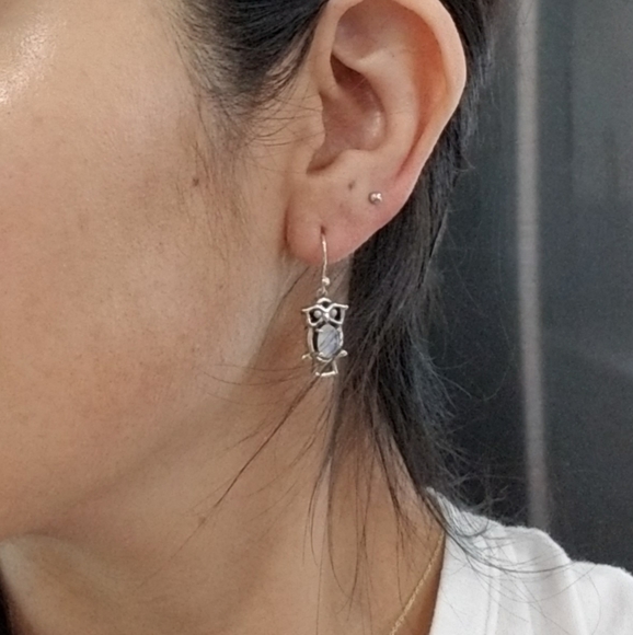 💎STERLING SILVER OWL EARRINGS WITH MOONSTONE - Picture 5 of 7